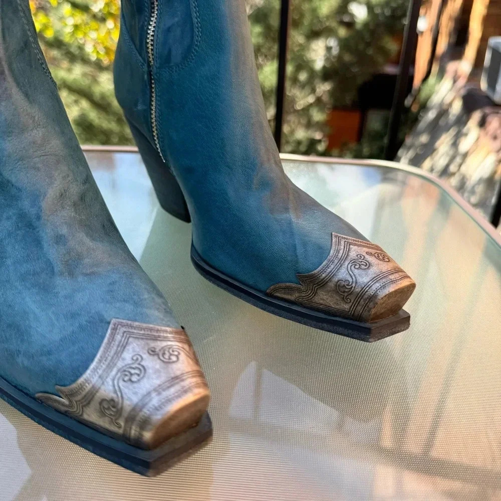 New Free People Brayden Western Leather Ankle Boots Blue 6.5 - Picture 6 of 12